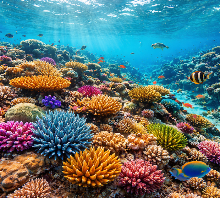 Récif corallien sain et coloré aux Maldives