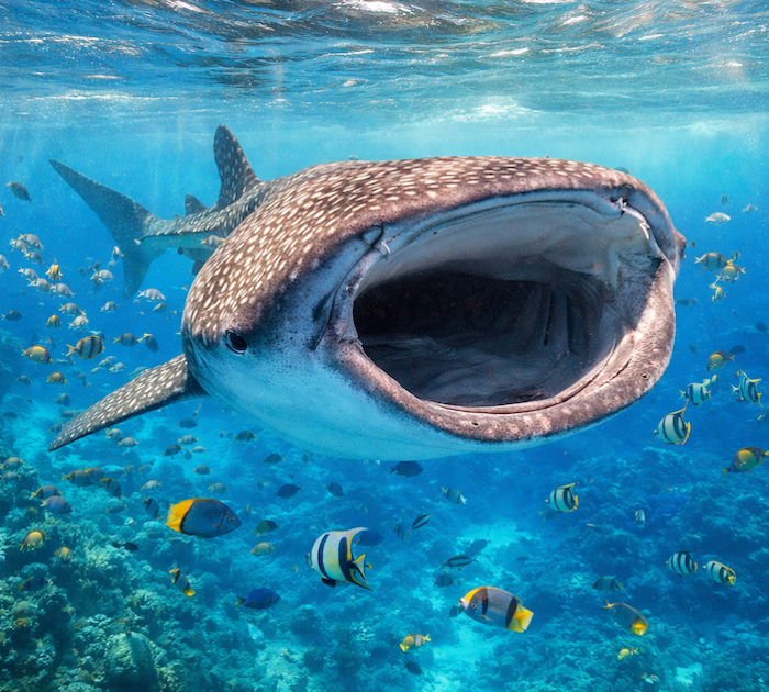 Requin-baleine près des récifs coralliens des Maldives