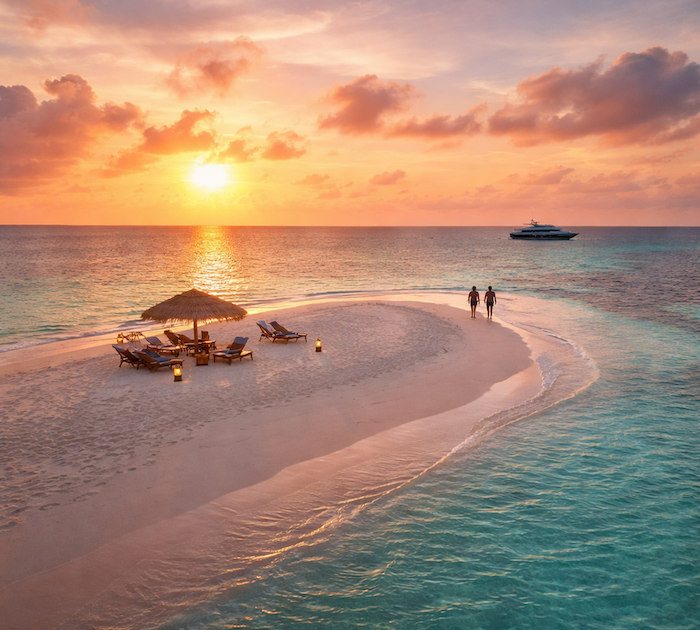 Banco di sabbia al tramonto nelle Maldive