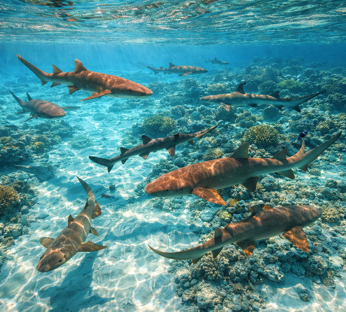 Squali che nuotano su una barriera corallina maldiviana